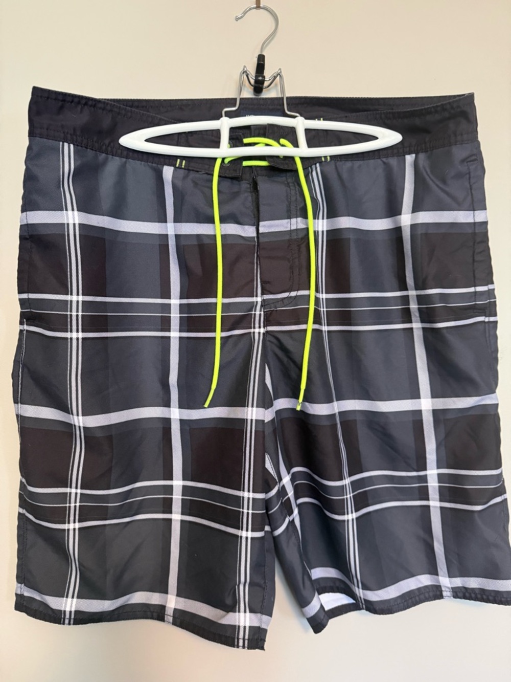 American Eagle Outfitters Black Plaid Swim Trunks with Neon Yellow Drawstring
